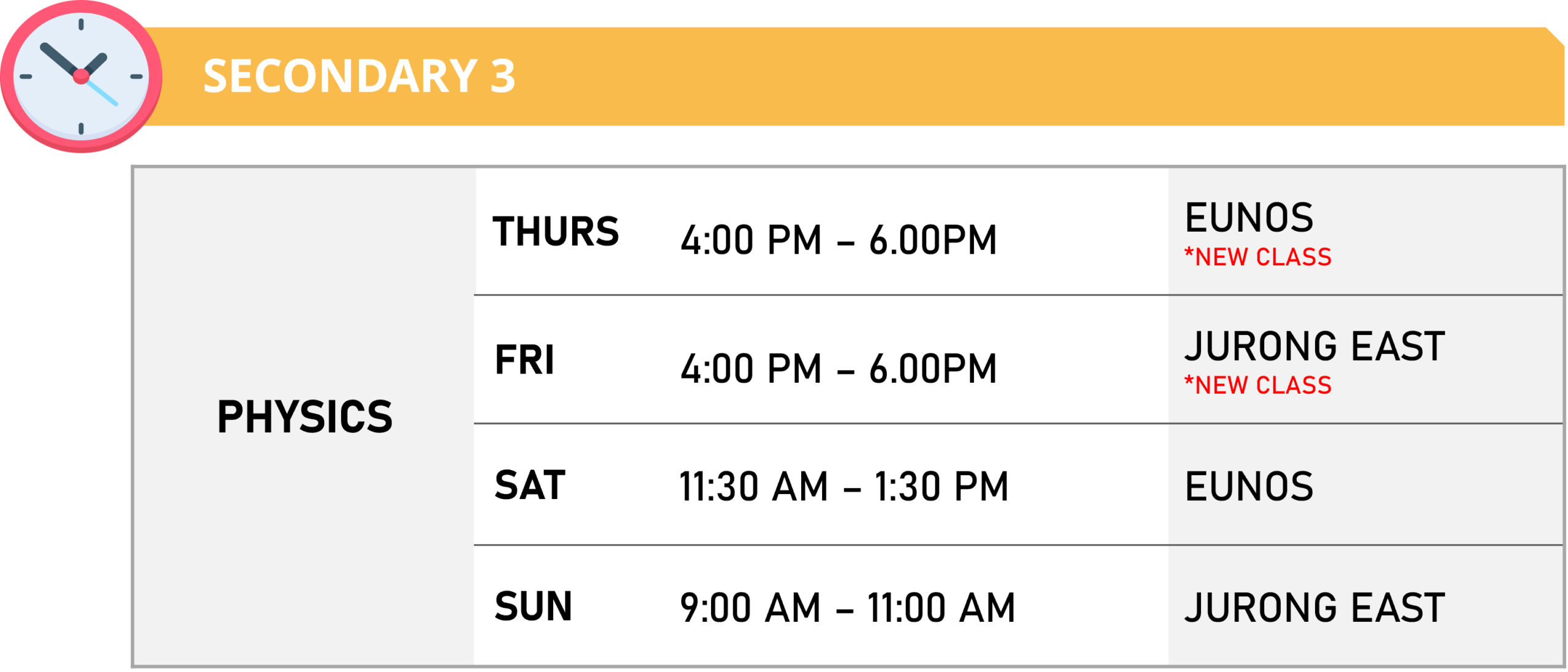 Physics Academy 2024 Secondary 3 Class Schedule